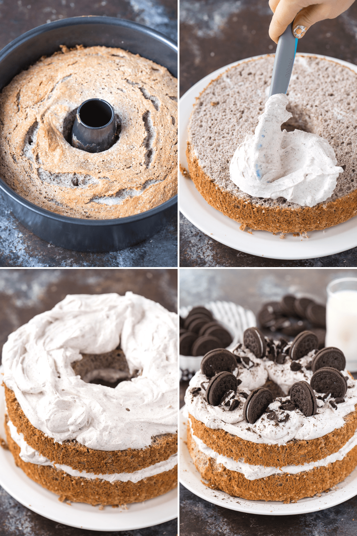 4 image collage of oreo angel food cake with oreo whipped cream and crushed oreo pieces on white plate on dark background
