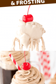 root beer whipped cream piped on top of root beer in a mug with maraschino cherry and red straw collage image with text overlay