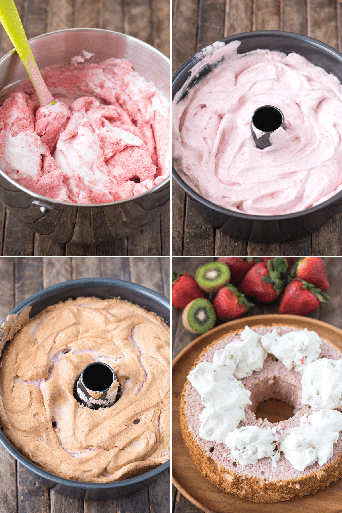 collage image of how to make strawberry angel food cake batter in mixing bowl and in angel food cake pan