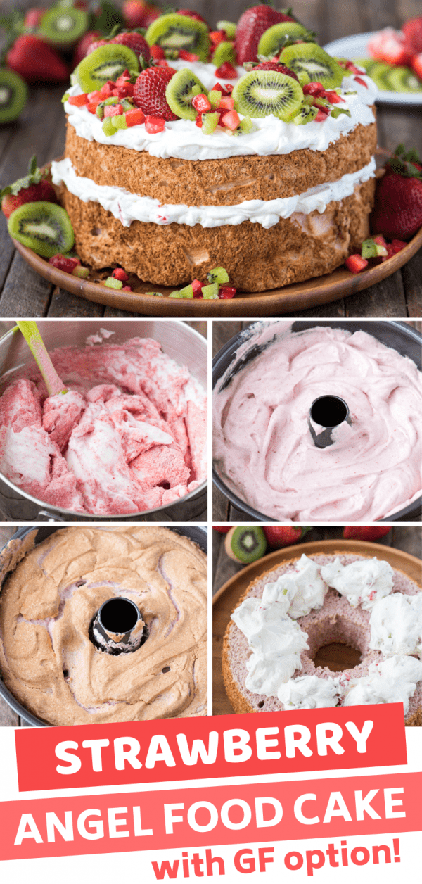 strawberry angel food cake topped with whipped cream, whole strawberries, chopped strawberries and kiwi on wooden serving tray collage image with text overlay