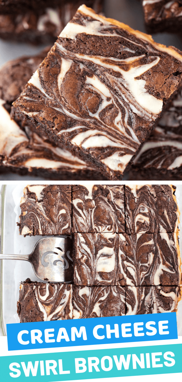 cream cheese swirl brownie on metal serving tray collage image with text overlay