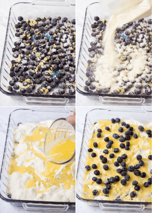 how to make lemon blueberry dump cake in glass 9x13 inch pan collage