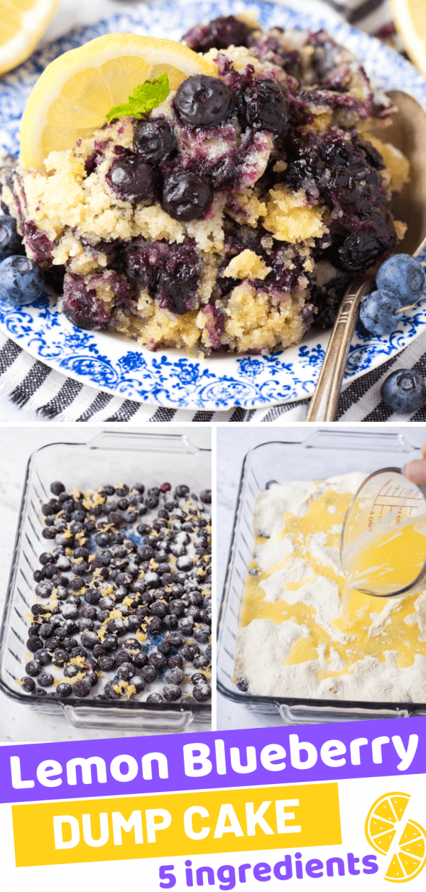 lemon blueberry dump cake on blue floral plate with lemon slice and green mint leaf collage with text overlay