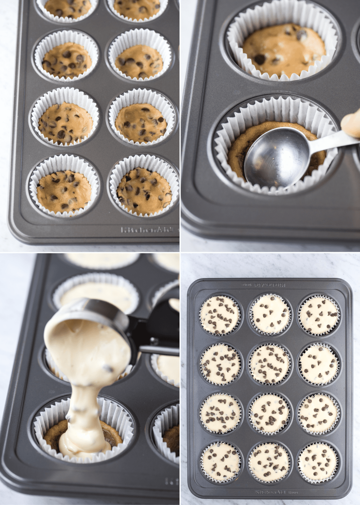 how to make mini chocolate chip cookie dough cheesecakes collage 