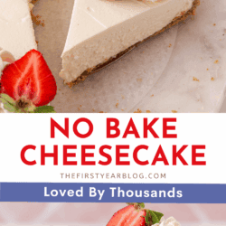 A slice of creamy Philadelphia no bake cheesecake with a graham cracker crust, topped with whipped cream and fresh strawberries, sits on a plate with a fork. Text reads: No Bake Cheesecake. Loved by thousands.