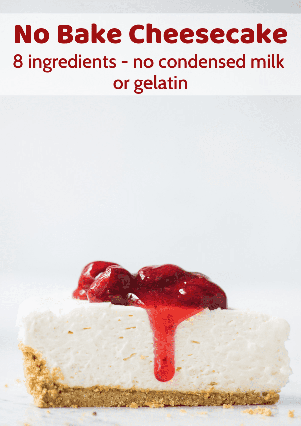 slice of no bake cheesecake with strawberry sauce on white background with text overlay