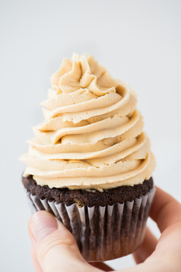 peanut butter frosting on chocolate cupcake