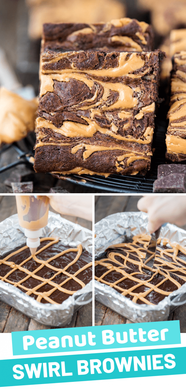 peanut butter swirl brownie close up collage with text overlay