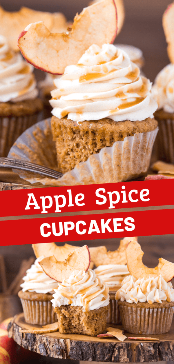 apple spice cupcakes with caramel frosting and apple chips on wood cake stand with wood background