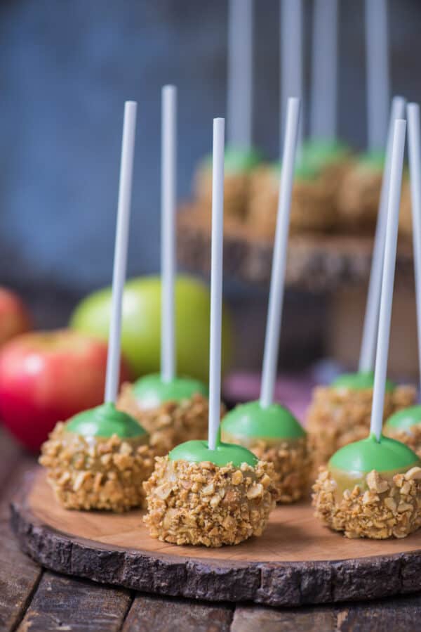 oreo balls that look like caramel apples on round wooden stand with metal background
