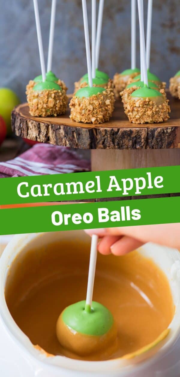 oreo balls that look like caramel apples on round wooden stand with metal background collage with text overlay