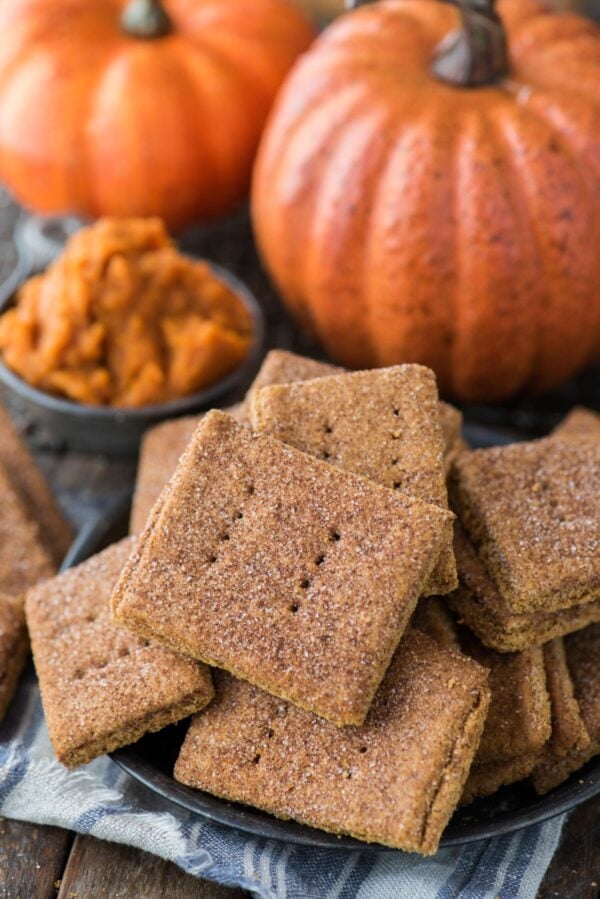 pumpkin graham crackers in a pile in a metal bowl with pumpkins in the background