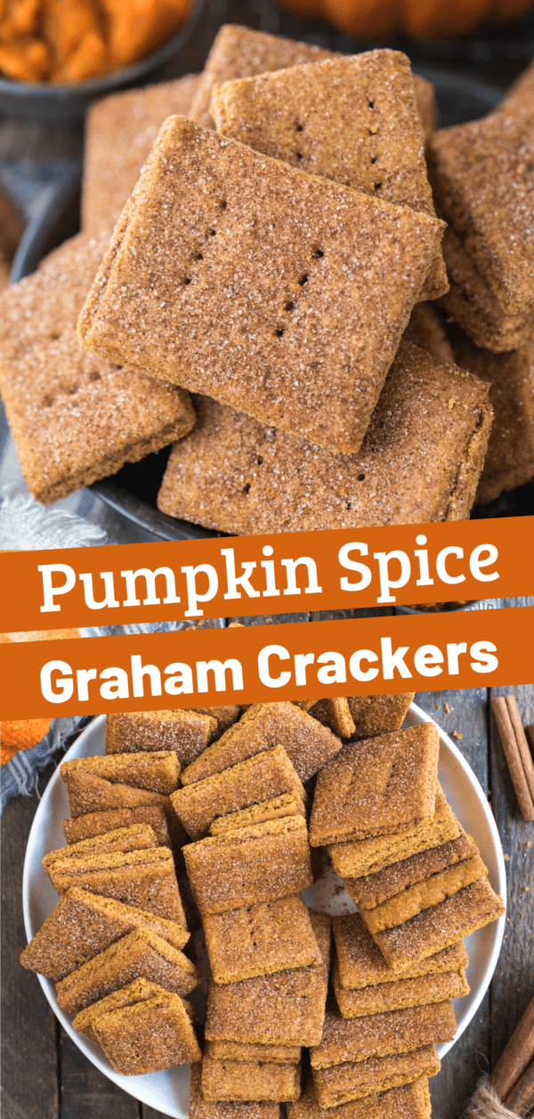 pumpkin graham crackers in a pile in a metal bowl with pumpkins in the background
