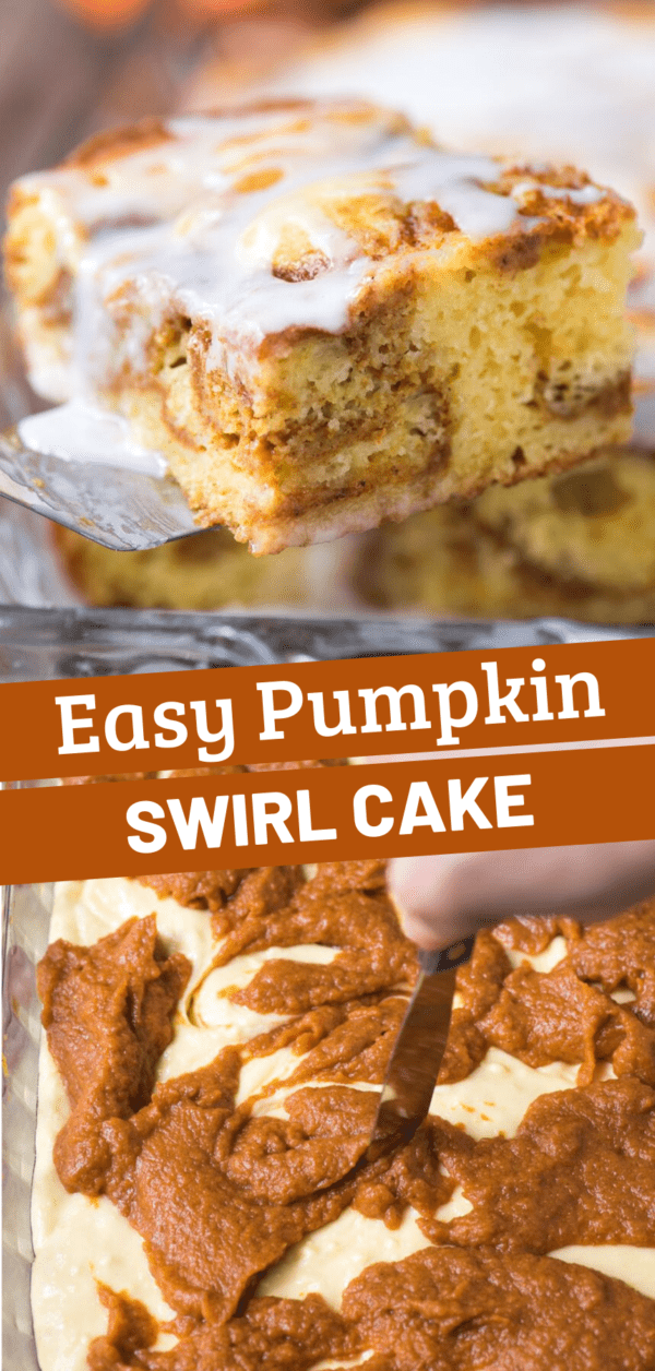 a slice of yellow cake swirled with a pumpkin layer collage with text overlay