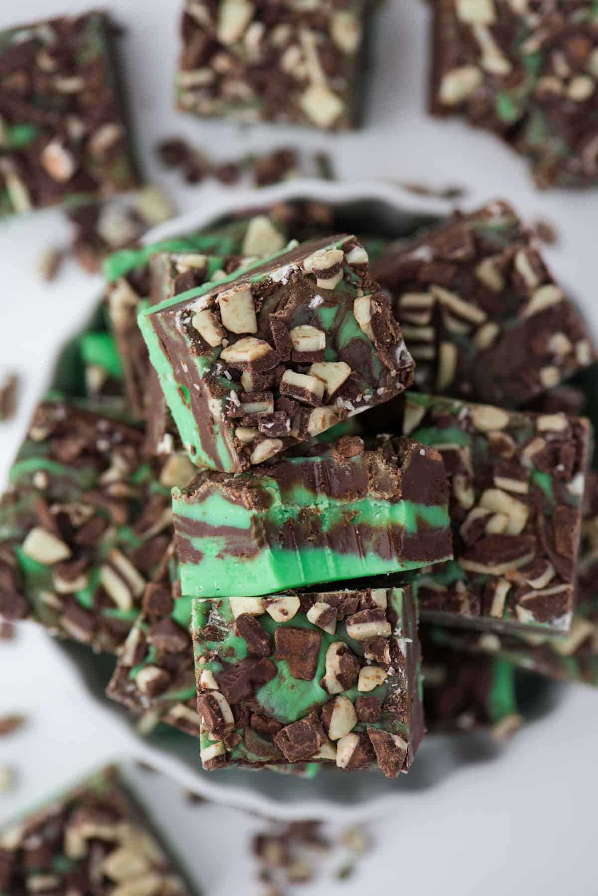 mint chocolate fudge pieces in a white bowl