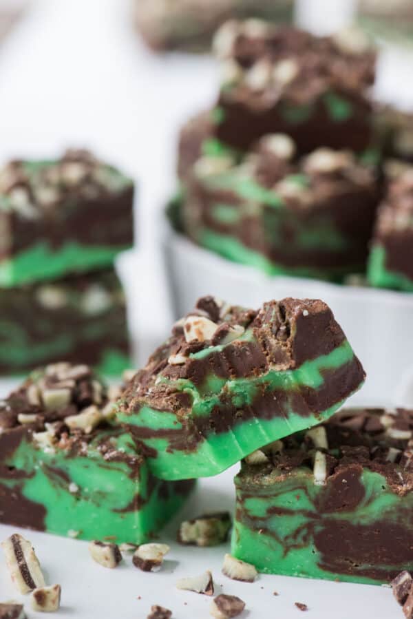 mint chocolate fudge pieces on a white background