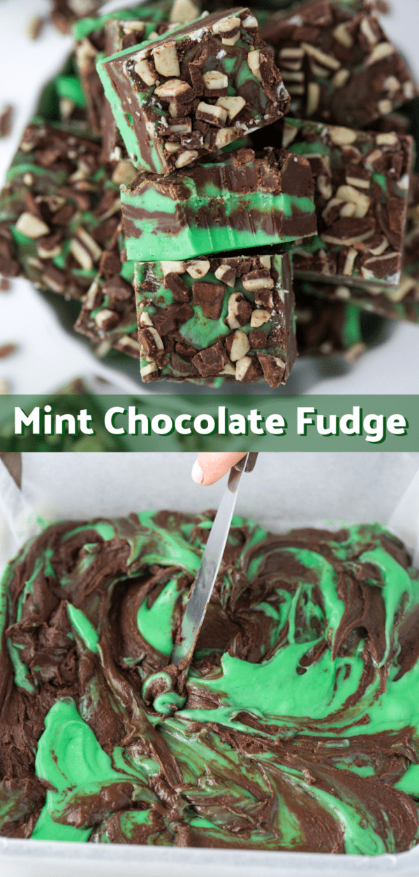 mint chocolate fudge pieces in a white bowl collage with text overlay
