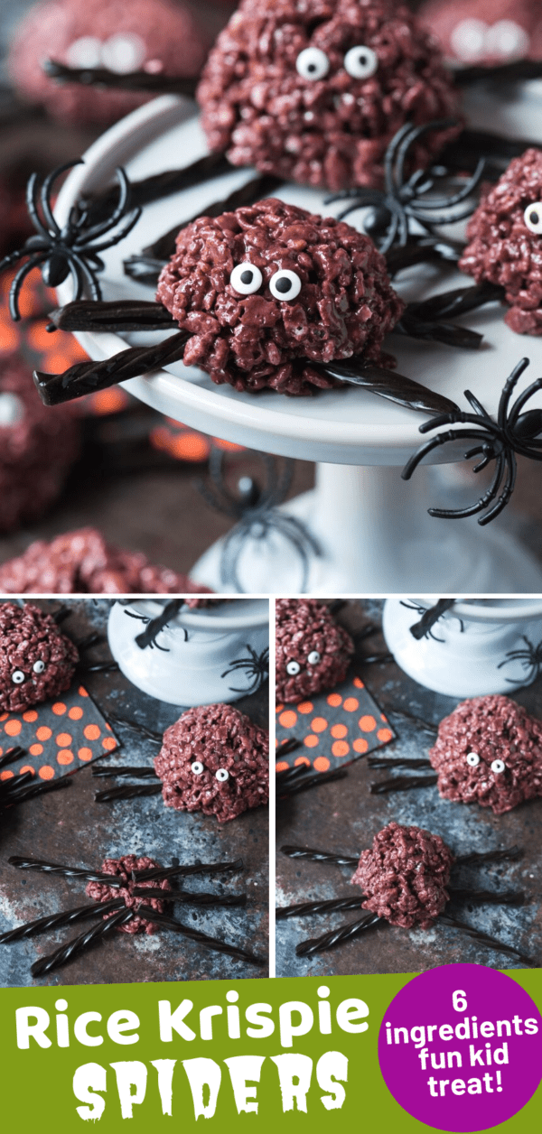purple spider rice krispie treats with black licorice legs on a gray serving stand collage with text overlay