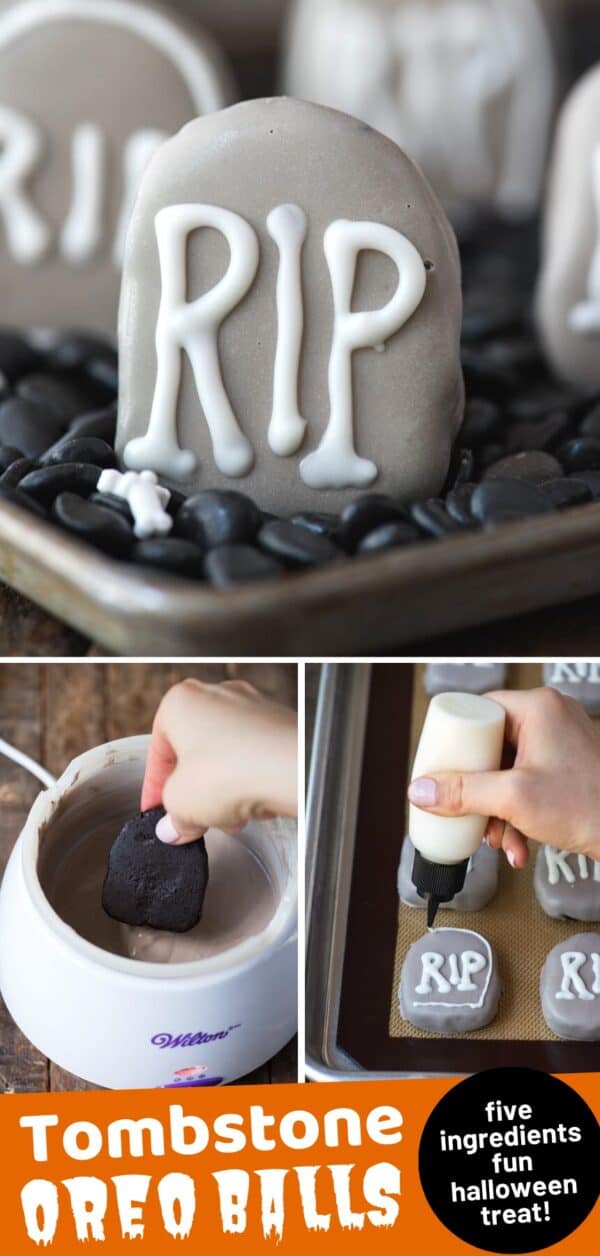 tombstone shape oreo ball in shallow pan surrounded with black rocks collage with text overlay