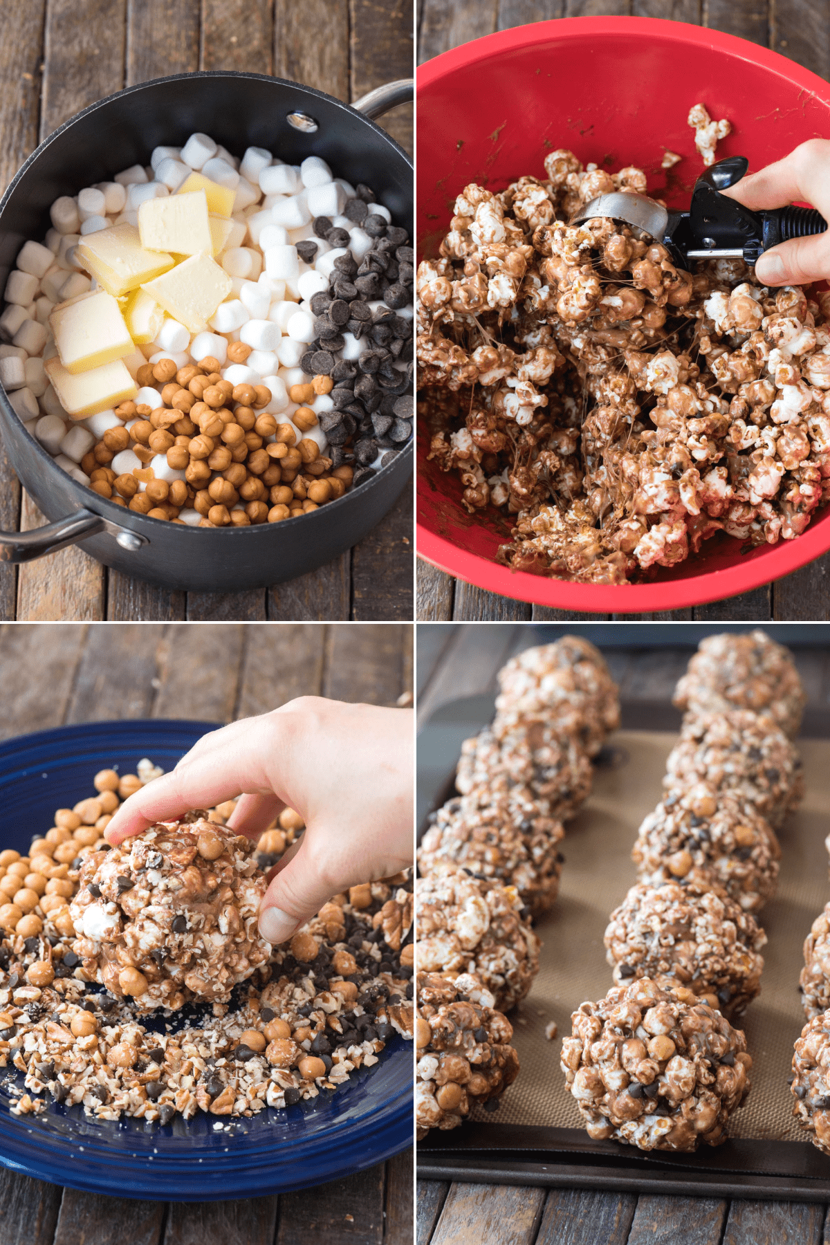 how to make turtle popcorn balls with marshmallows, caramel bits, chocolate chips, pecans and popcorn