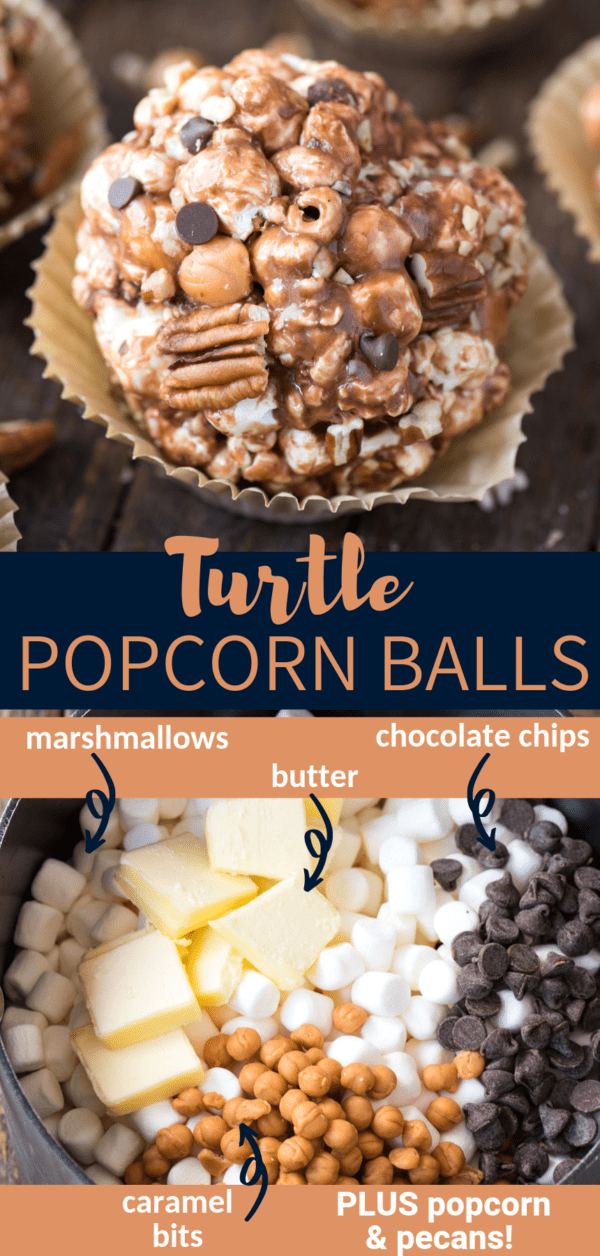 turtle popcorn balls with caramel, chocolate and pecans in paper liner on dark wood background with text overlay