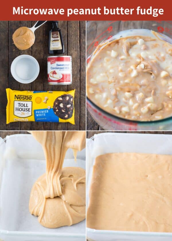 ingredients to make peanut butter fudge and how to make peanut butter fudge collage with text overlay