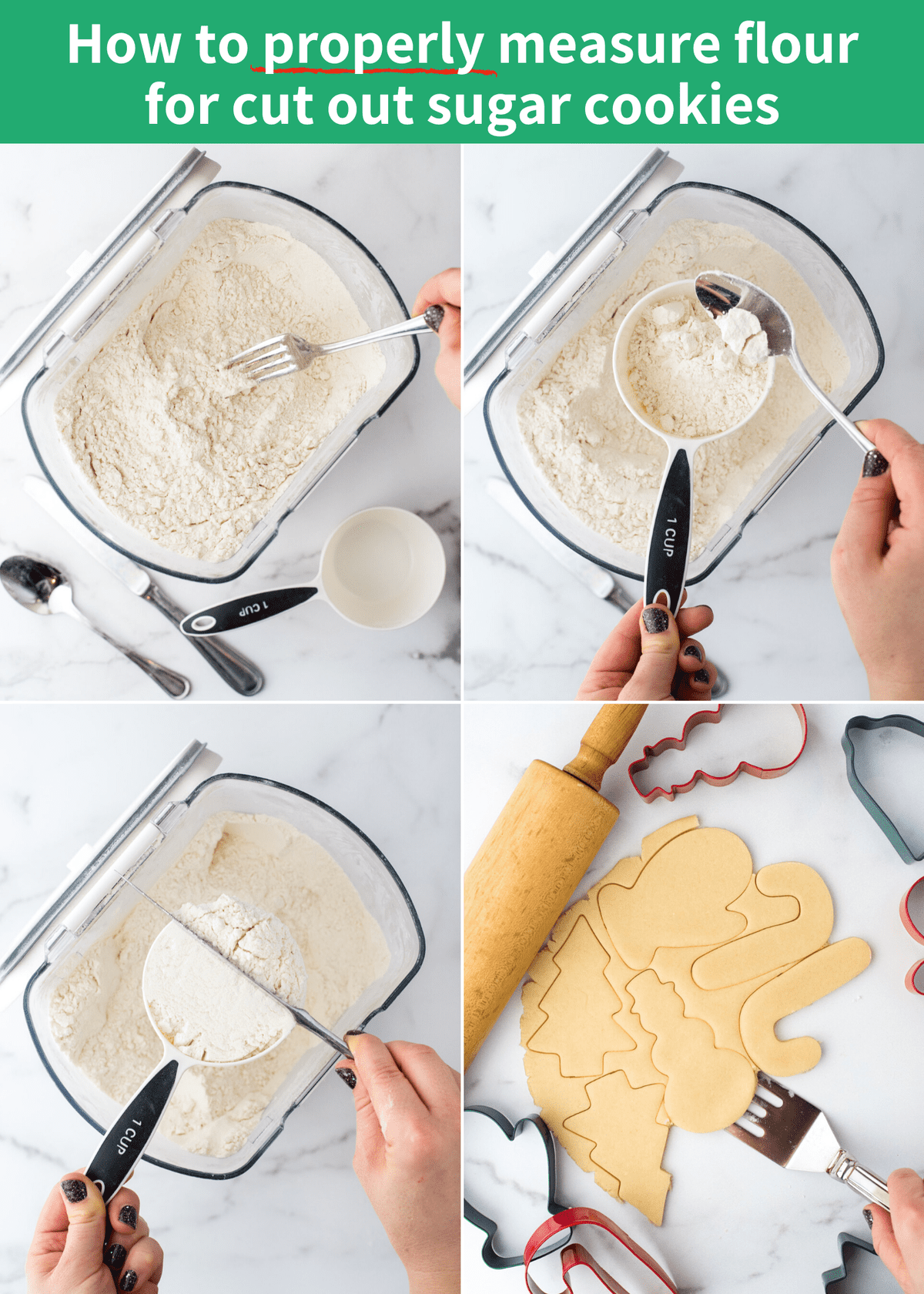 how to properly measure flour for sugar cookies collage
