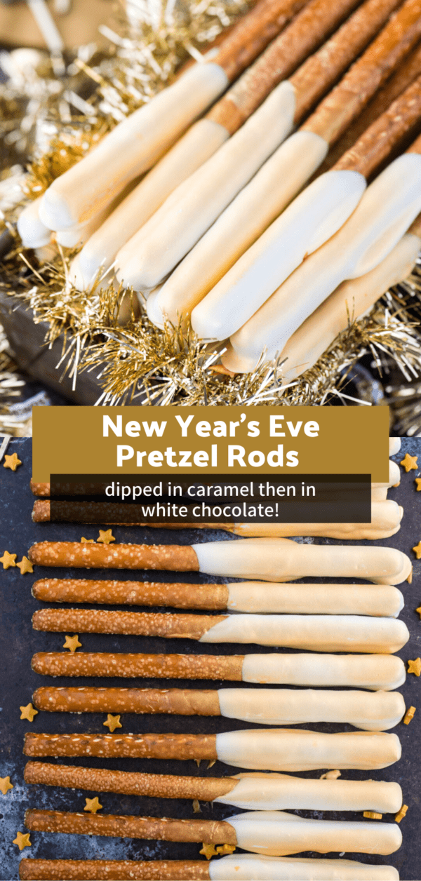 pretzel rods dipped in caramel and white chocolate and sprayed with edible gold paint to look golden and shimmery collage with text overlay