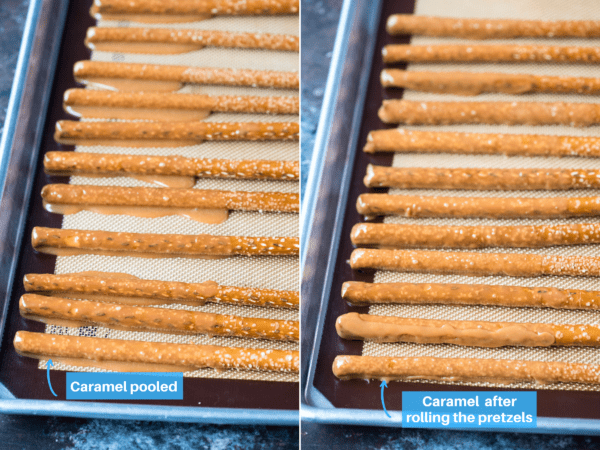 pretzel rods with pooled caramel and pretzel rods with rounded caramel collage