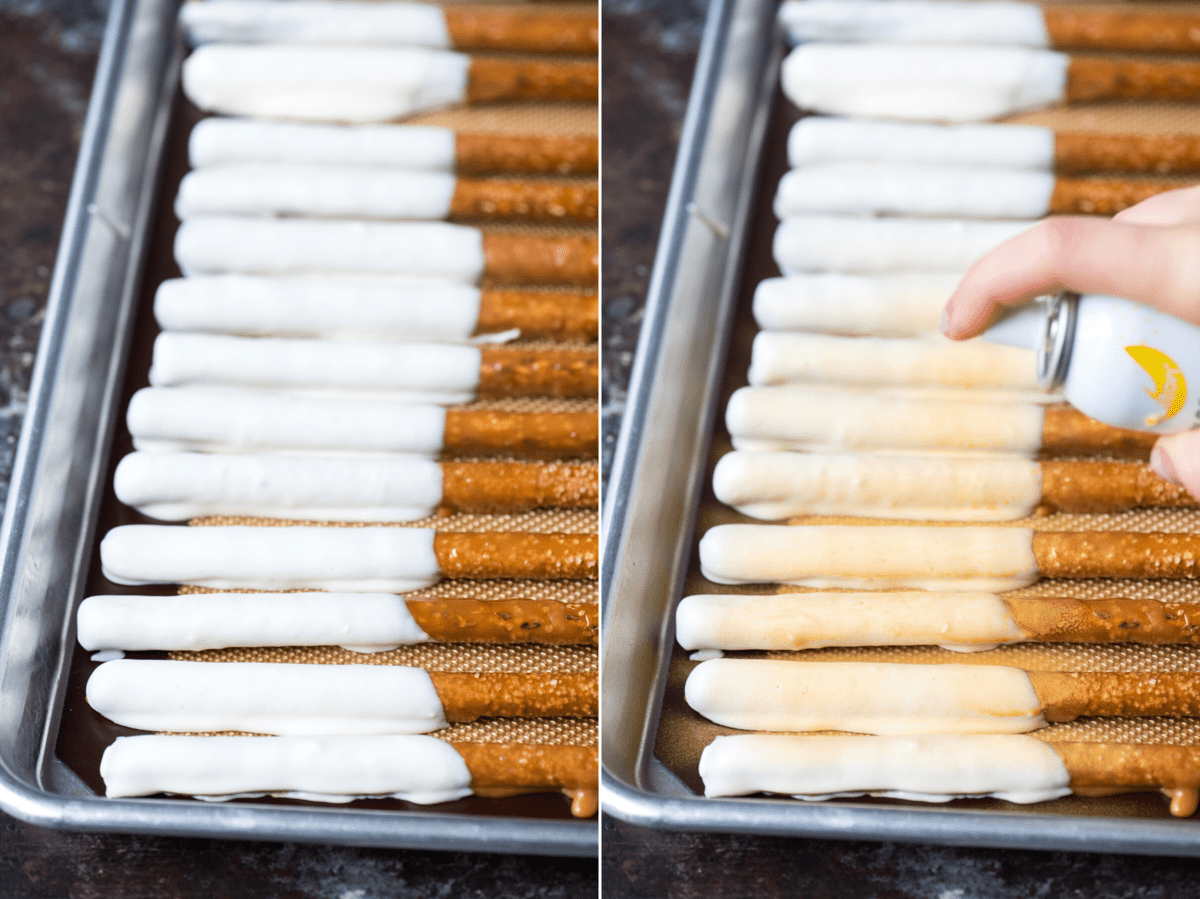 pretzel rods dipped in white chocolate on baking sheet and pretzel rods being sprayed with gold color mist on baking sheet