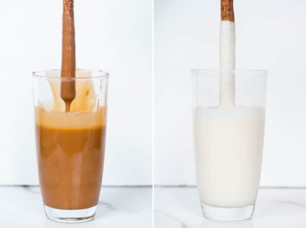 how to dip pretzel rod in caramel and how to dip pretzel rod in white chocolate collage