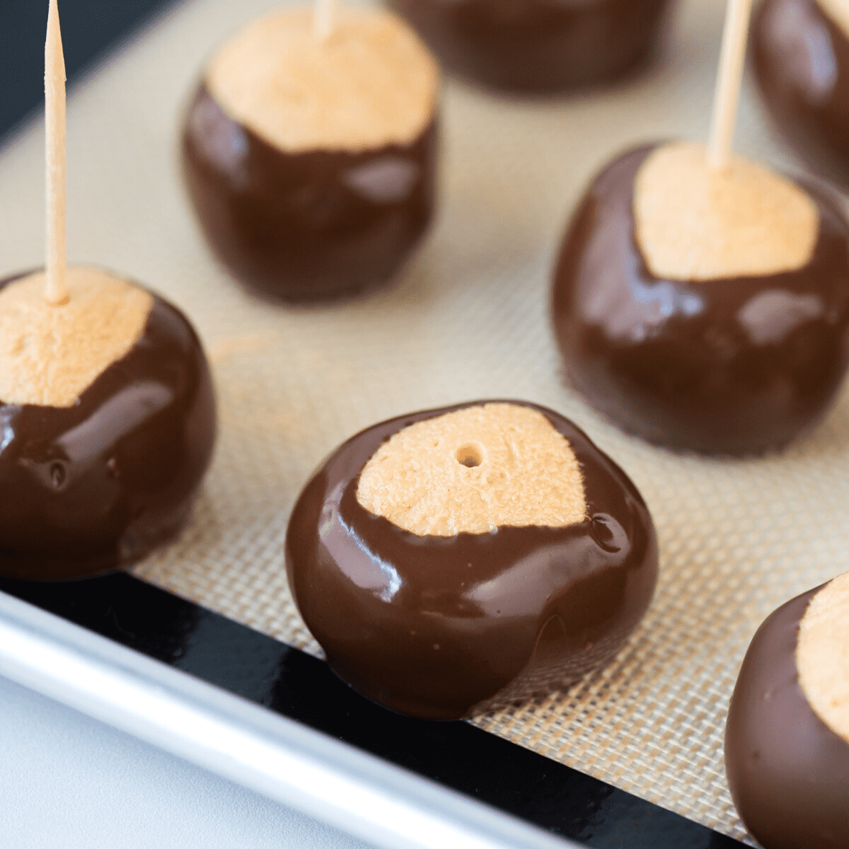 peanut butter ball freshly dipped in chocolate