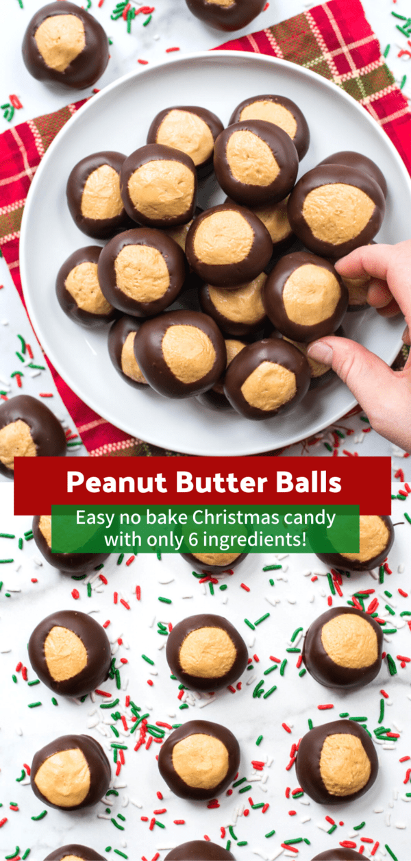 peanut butter balls on a white plate over a red striped towel on a white background collage with text overlay