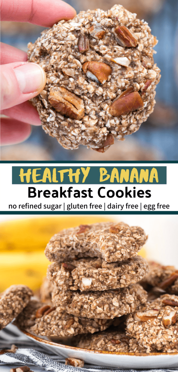 hand holding banana breakfast cookie up close collage image with text overlay