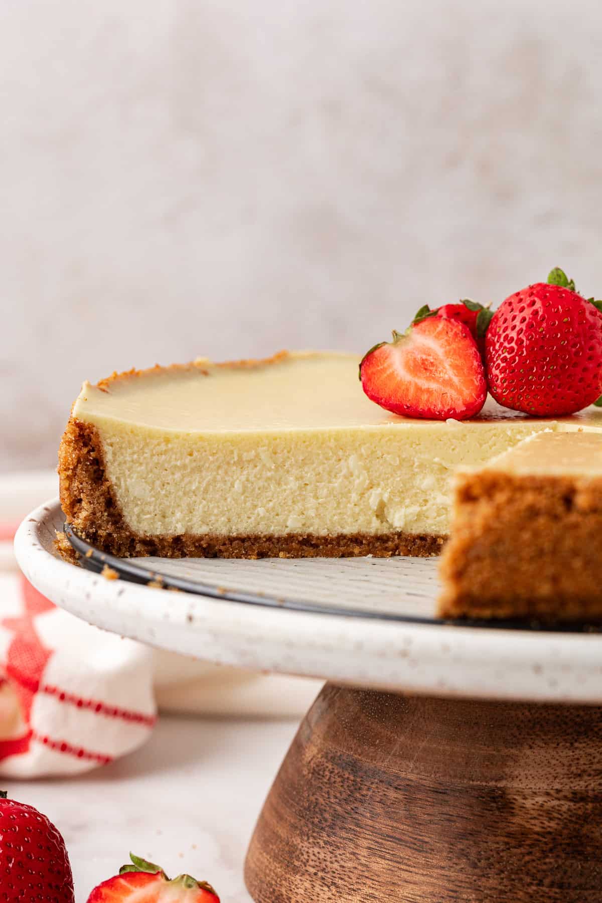 slice of cheesecake removed to show inside of cheesecake