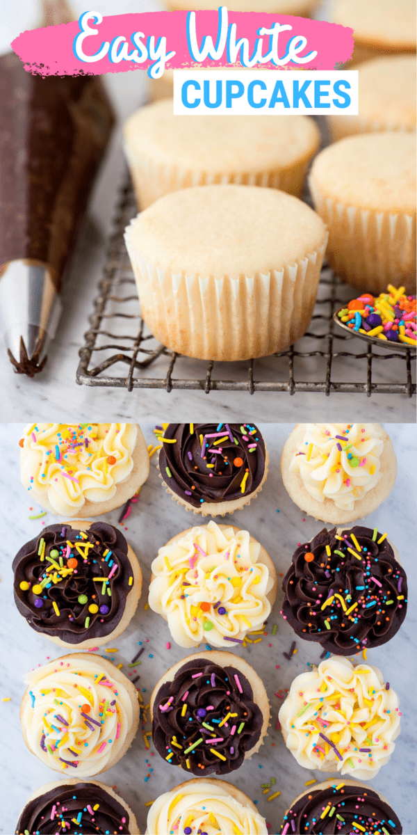 easy white cupcakes with chocolate or vanilla frosting with colorful sprinkles on wire cooling rack
