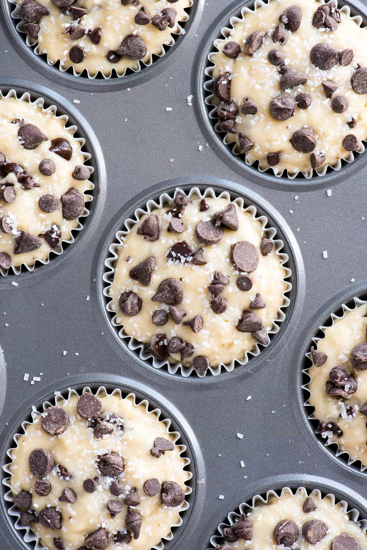 chocolate chip muffin batter in metal muffin pan
