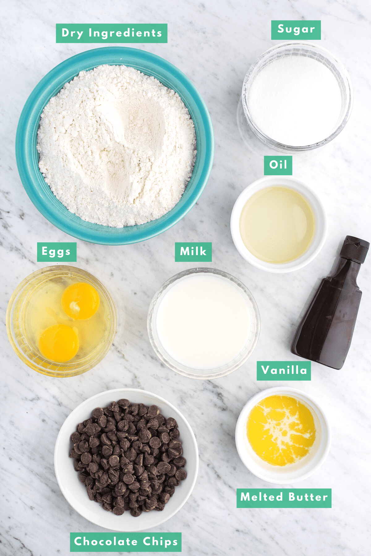 ingredients for making chocolate chip muffins with text overlay