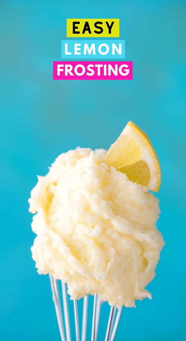 lemon frosting on metal spatula with lemon slice with text overlay