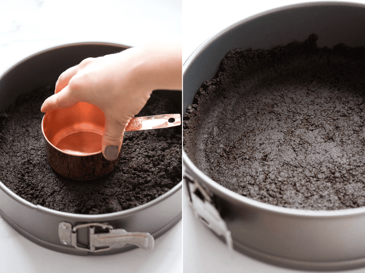 how to make oreo crust for cheesecake in springform pan collage