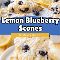 Lemon blueberry scones topped with white glaze, surrounded by fresh blueberries and lemon slices. The lemon blueberry scones are displayed on a baking tray and plate. Text reads “Lemon Blueberry Scones holds its shape!” with a blog URL shown.