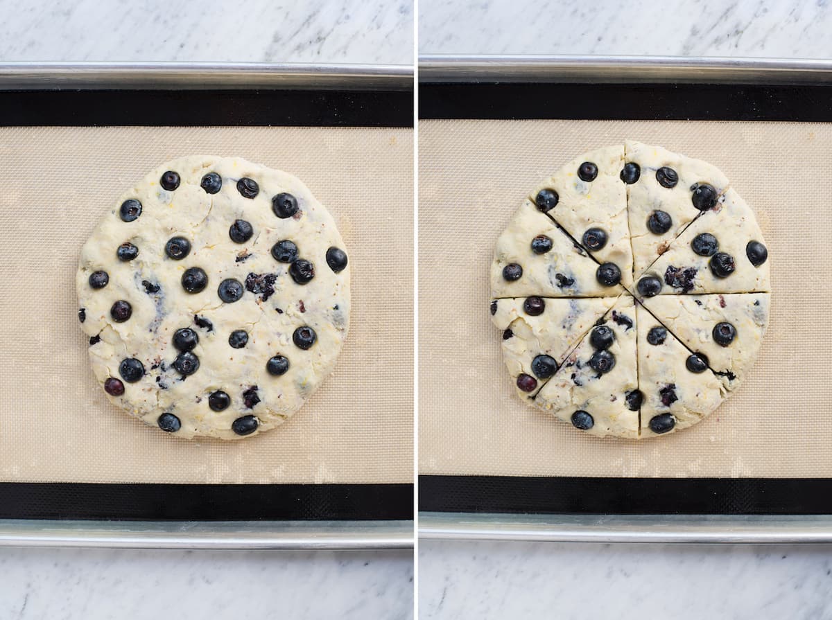 lemon blueberry scone dough in flat disc collage