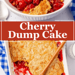 A bowl of cherry dump cake topped with vanilla ice cream glistens invitingly. Beneath, a baking dish shows off its golden crust and vivid red cherries where a generous portion has been served. A wooden spoon nestles in the dish, while a blue checkered cloth adds charm nearby.