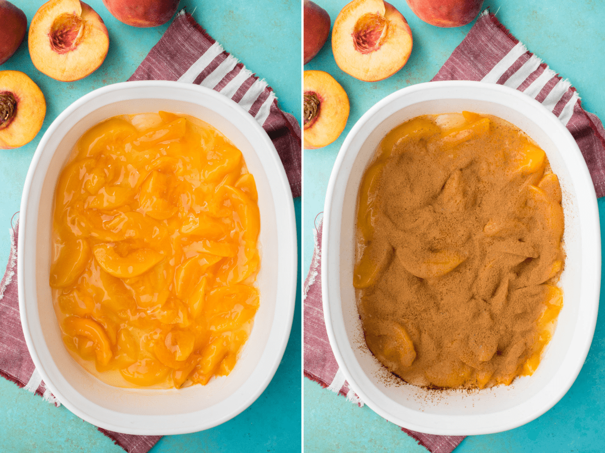 peaches in white pan, cinnamon sprinkled over peaches