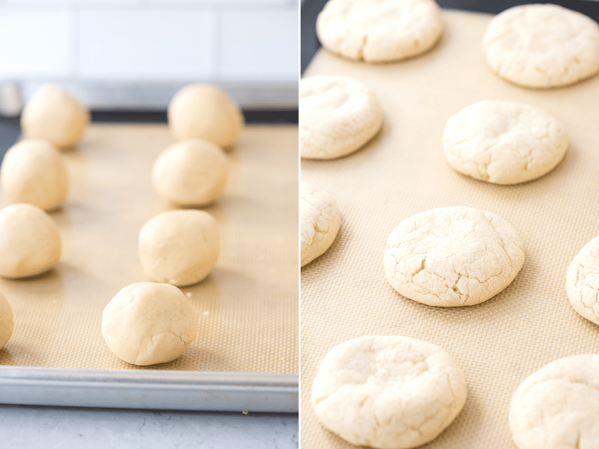 collage unbaked sugar cookie dough balls and baked sugar cookies on baking sheet