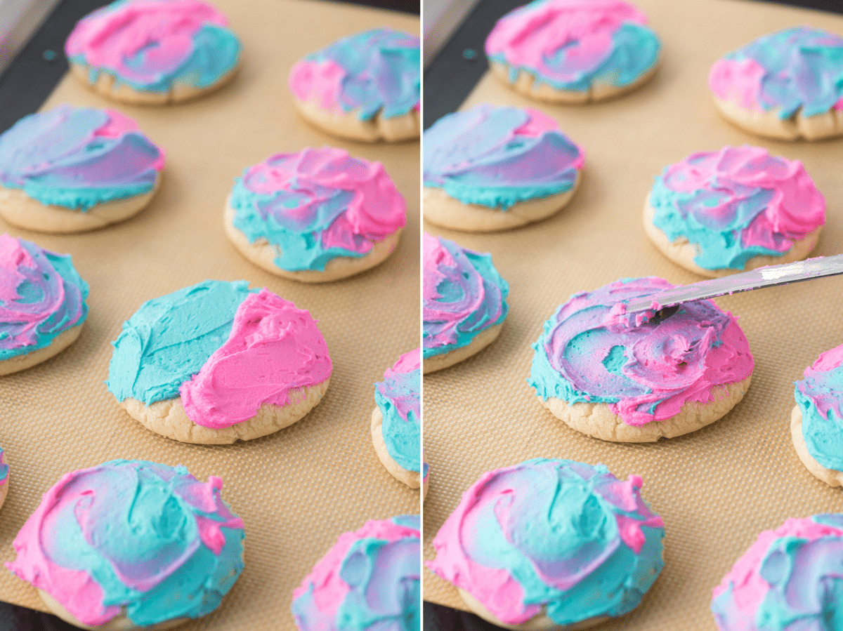 how to make tie dye frosting on sugar cookies collage