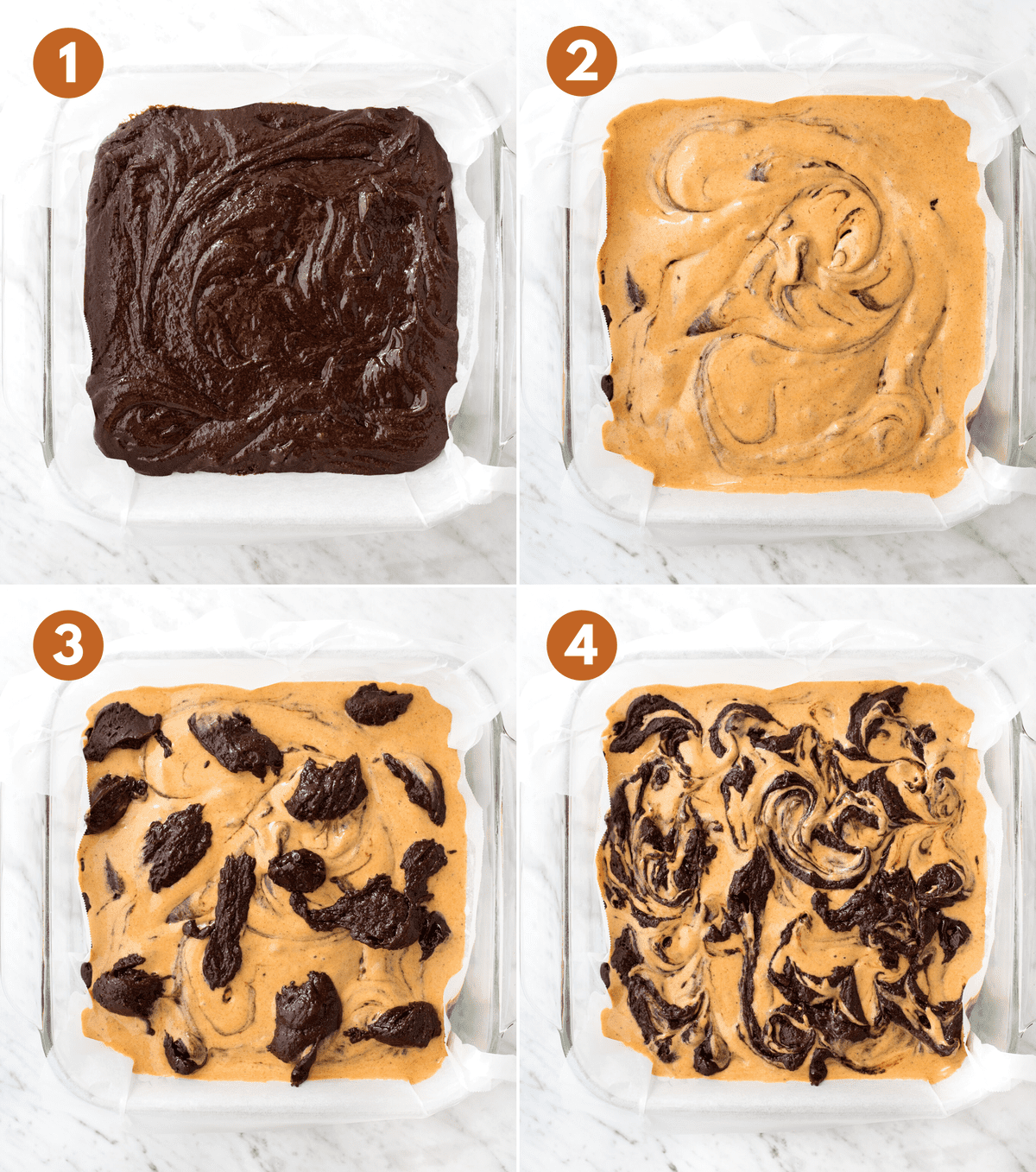 how to make pumpkin cheesecake brownies by swirling the batter collage