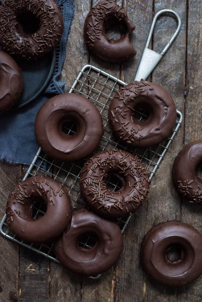 Chocolate Donuts - easy baked donuts covered in chocolate glaze!