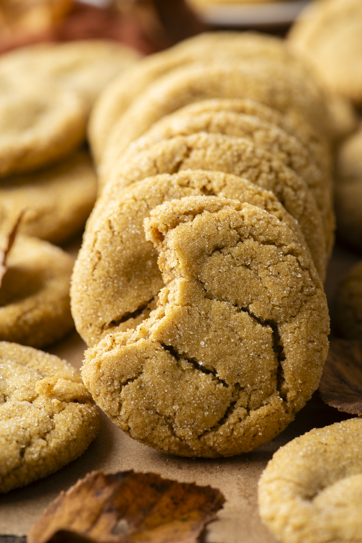 A close-up of several pumpkin sugar cookies, with one cookie in front showing a bite taken out. The cookies are golden brown and arranged in a row, surrounded by a few autumn leaves.