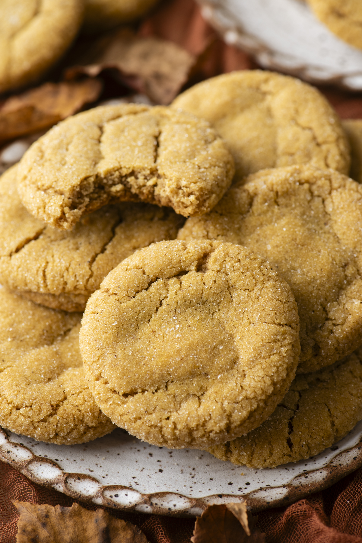 A plate of golden-brown pumpkin sugar cookies, coated in sparkling sugar, with one cookie showing a bite taken out. The cookies rest on a ceramic plate, and autumn leaves are scattered around the scene.